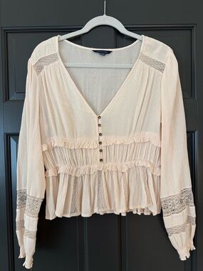 American Eagle Long Sleeve Blouse with Lace Detail Cream XS